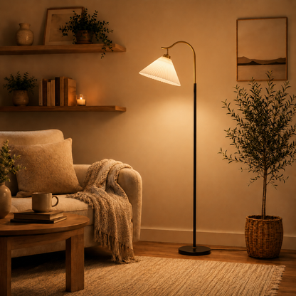 Pleated Brass Arc Floor Lamp