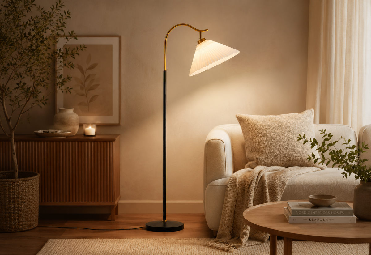 Pleated Brass Arc Floor Lamp
