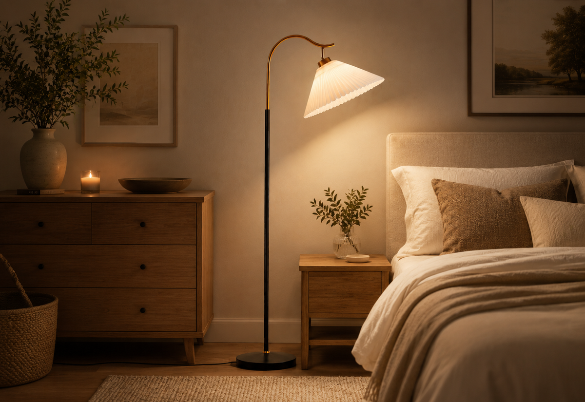 Pleated Brass Arc Floor Lamp