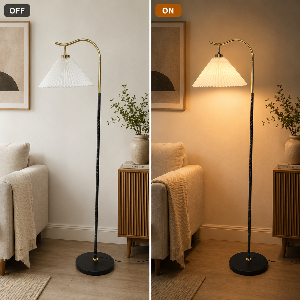Pleated Brass Arc Floor Lamp